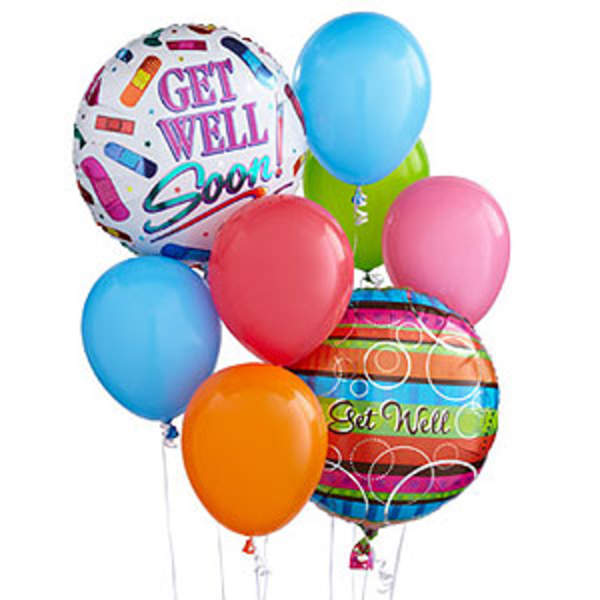 Cluster of colorful balloons with two get well soon balloons