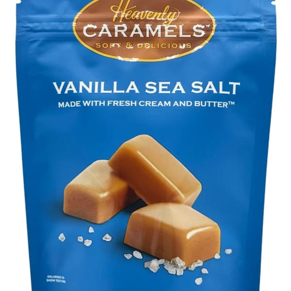 Blue bag of vanilla sea salt caramels