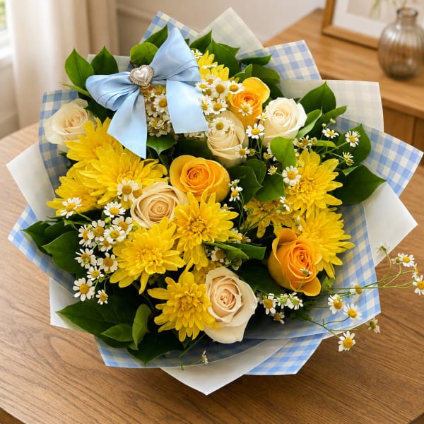 Bouquet of yellow and cream roses with small white daisies and a blue ribbon