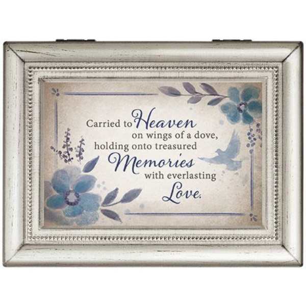 Framed memorial sign with blue flowers and the words "Carried to Heaven"