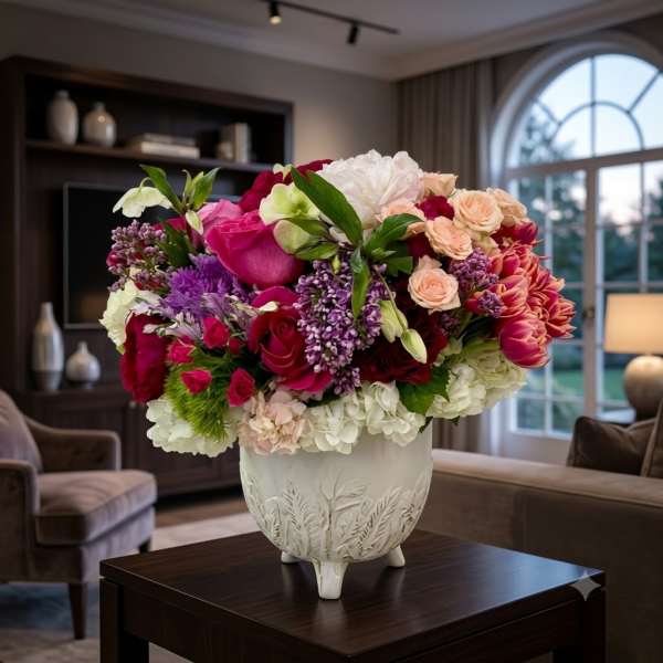Mixed bouquet of pink, peach, white, and purple flowers in a white vase