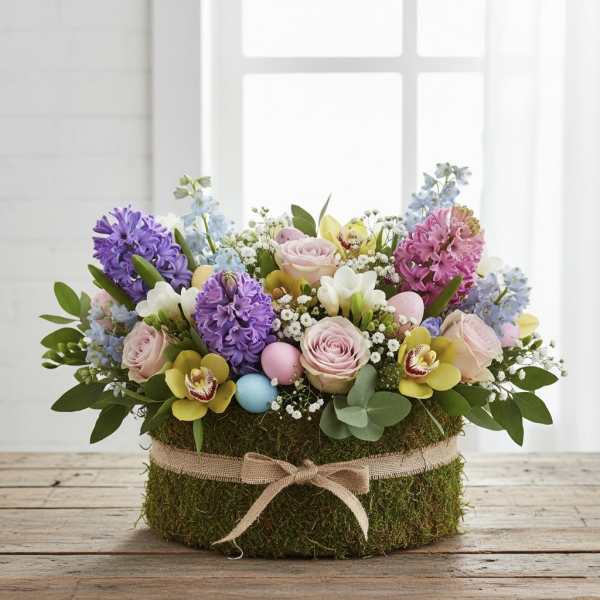 Pastel flower arrangement in a moss-covered round box with decorative eggs