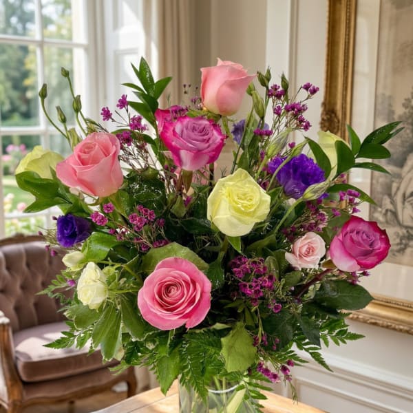 Mixed roses in pink, purple, and yellow arranged in a glass vase