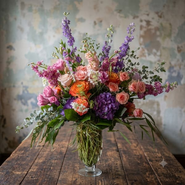 Mixed bouquet of pink, purple, and orange flowers in a clear glass vase