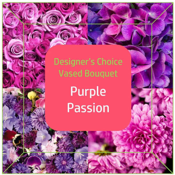 Purple mixed bouquet design with roses and hydrangeas