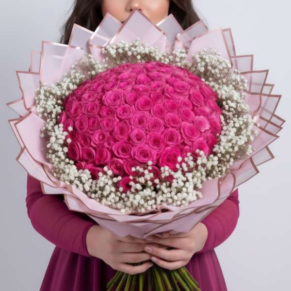 Large bouquet of bright pink roses with baby's breath in pale pink wrap