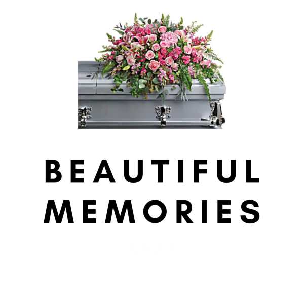 Pink floral spray on a silver casket with the words Beautiful Memories below