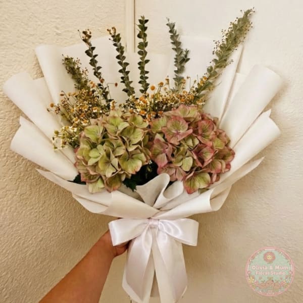 Handheld bouquet of hydrangeas wrapped in white paper with a satin bow