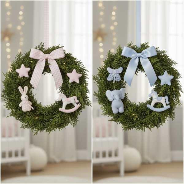 Two baby-themed evergreen wreaths with pastel bows and plush animal ornaments