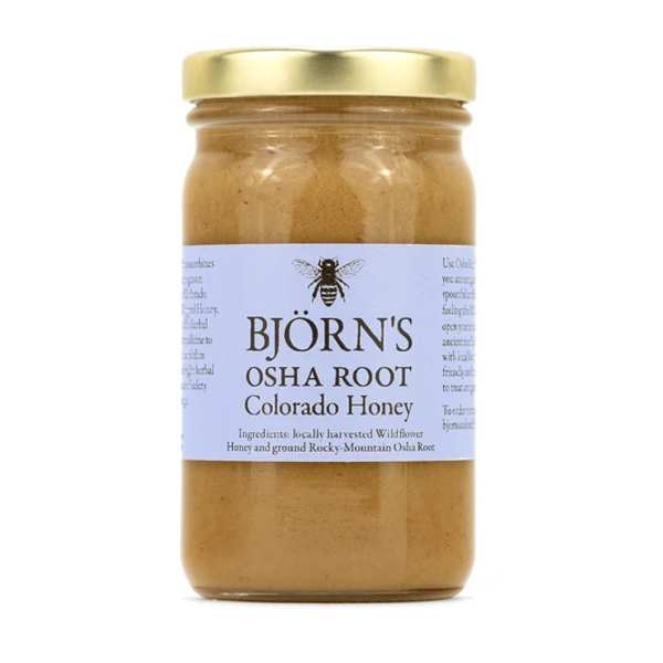 Jar of Bjorn's Osha Root Colorado Honey with a gold lid