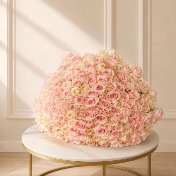 Large bouquet of pale pink and cream roses on a round table