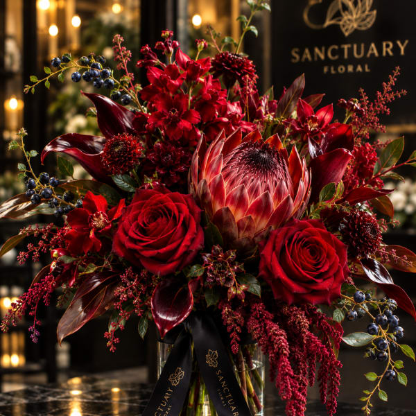 Red floral arrangement in a glass vase with a black ribbon