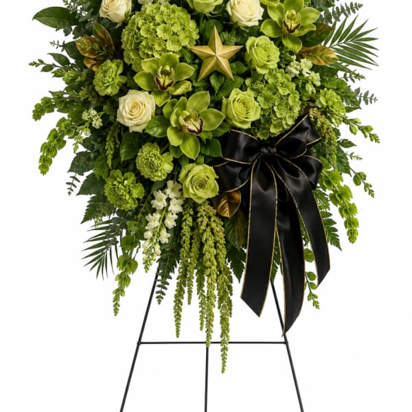 Green floral standing spray with white roses and a black ribbon on an easel