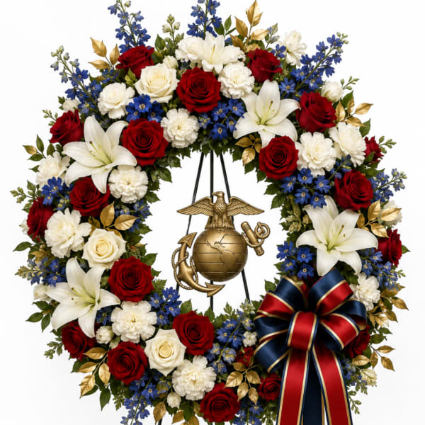Circular wreath of red, white, and blue flowers with a patriotic emblem and ribbon