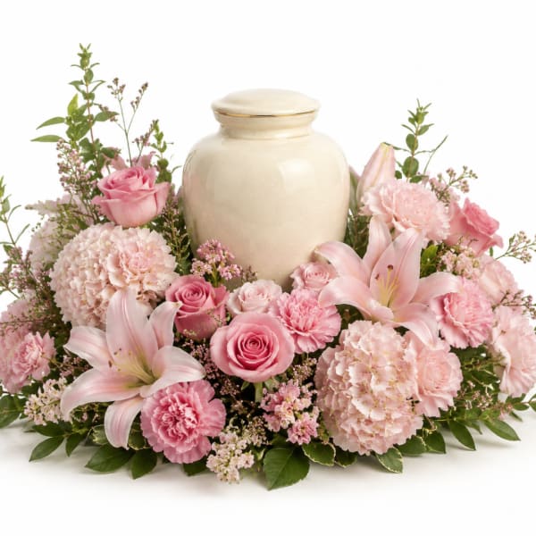 Pink roses and lilies arranged around a cream urn vase