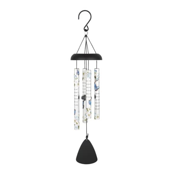 Black hanging wind chime with floral-patterned tubes