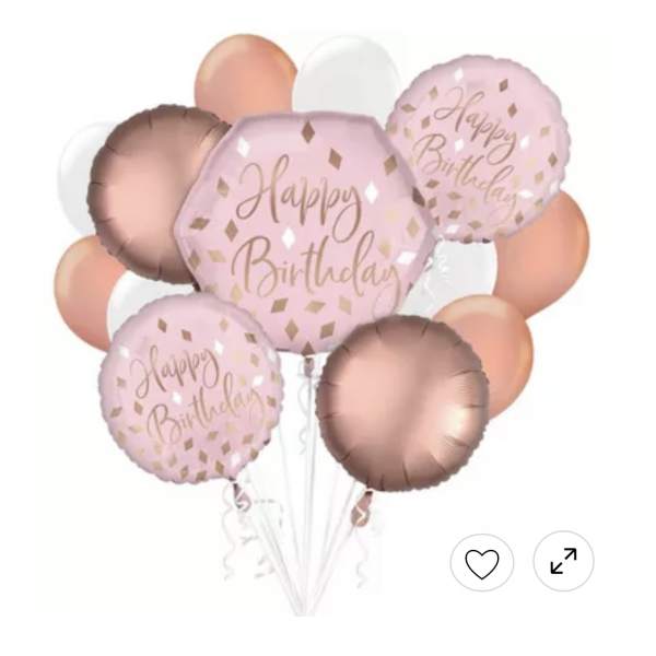 Cluster of pink and rose gold birthday balloons with confetti print