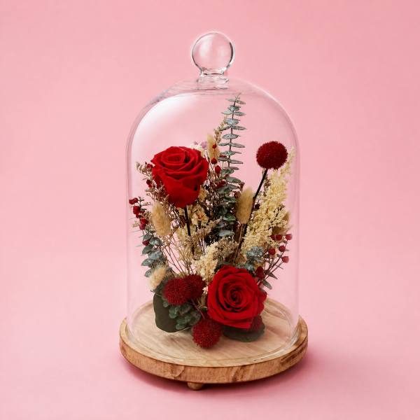 Red roses and dried flowers under a glass dome on a wooden base