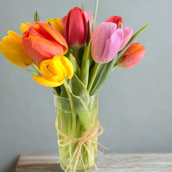 Colorful tulips arranged in a clear glass vase with a raffia tie