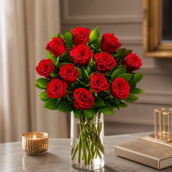 Red roses arranged in a clear glass vase on a table