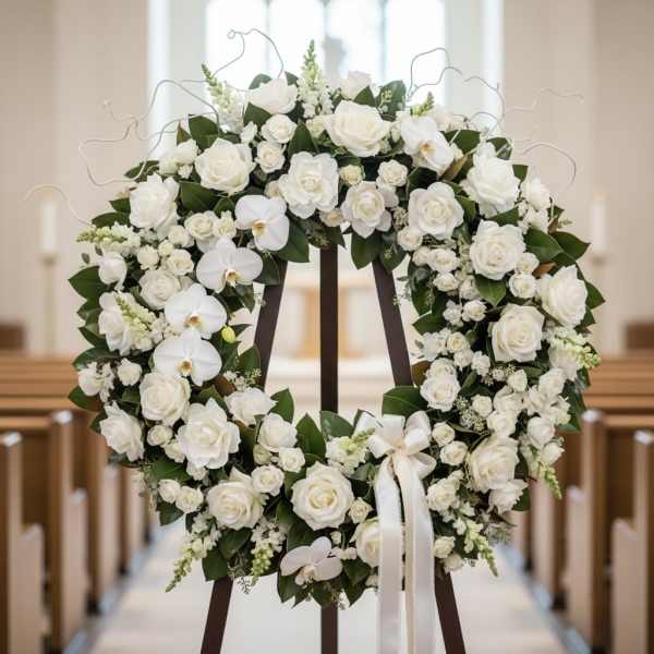 White floral wreath with roses and orchids on an easel