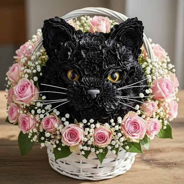 Black cat floral arrangement with pink roses in a white basket