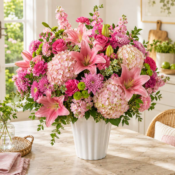 Pink lilies and mixed blooms arranged in a white vase