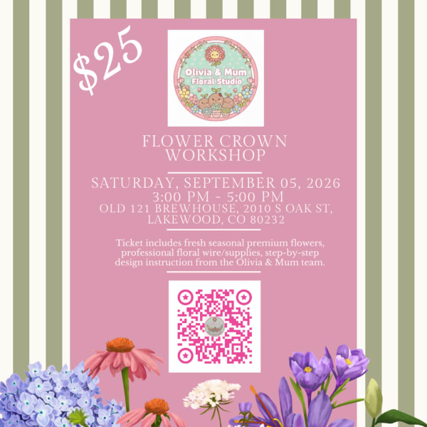 Pink flower crown workshop poster with illustrated flowers and event details