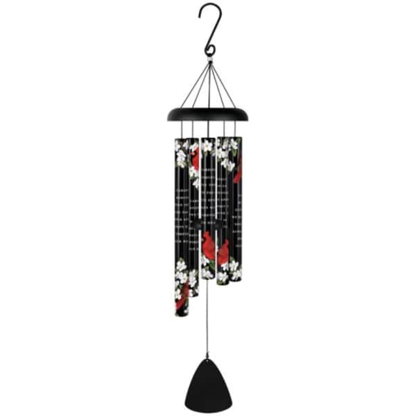 Black wind chime with floral-printed tubes and a hanging clapper