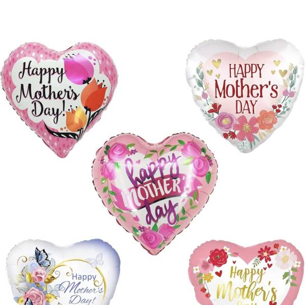 Five heart-shaped Mother's Day balloons in pink, white, and floral designs