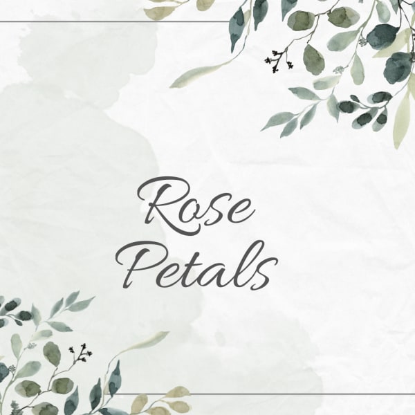 White floral-themed graphic with the words "Rose Petals"