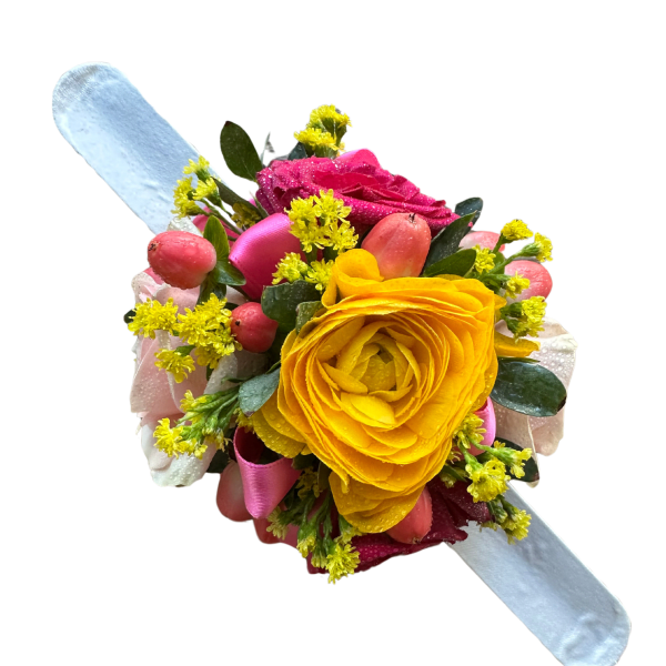 Bright mixed flower wrist corsage with yellow rose and pink accents