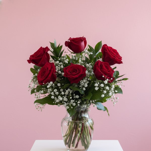Half Dozen Roses in Vase – Choose Your Color