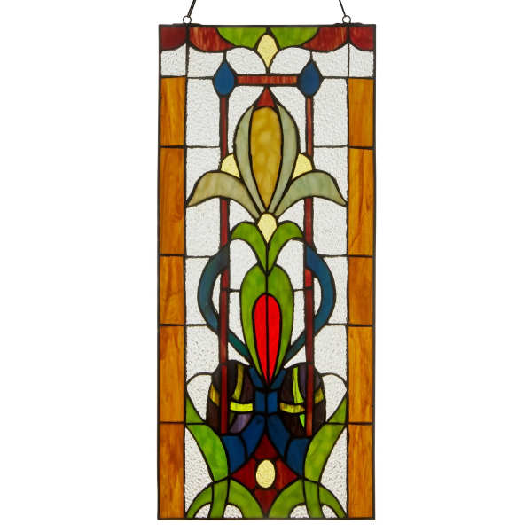 Colorful stained glass panel with a floral-inspired geometric design