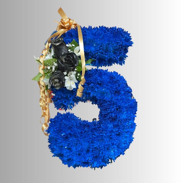 Blue floral number 5 arrangement with black roses and gold ribbon