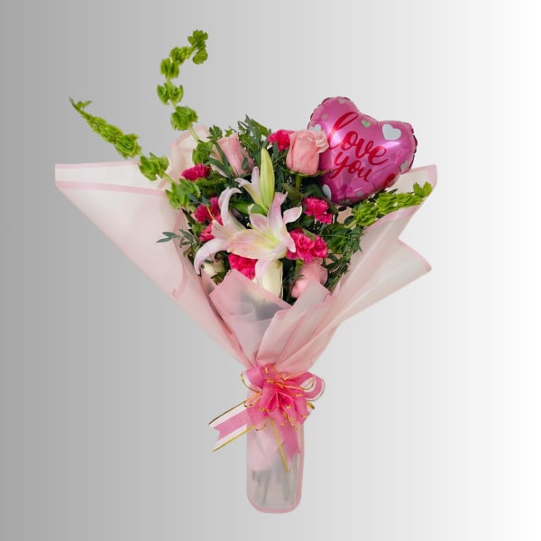 Pink bouquet with lilies, roses, and a heart-shaped "love you" balloon