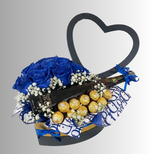 Blue rose bouquet with chocolates and a heart-shaped frame