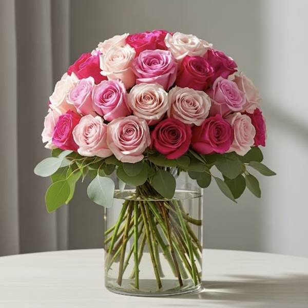 Pink and white roses arranged in a clear glass vase