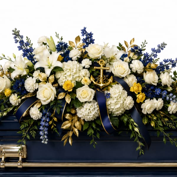 White and blue floral arrangement on a navy casket with gold ribbon and anchor ornament