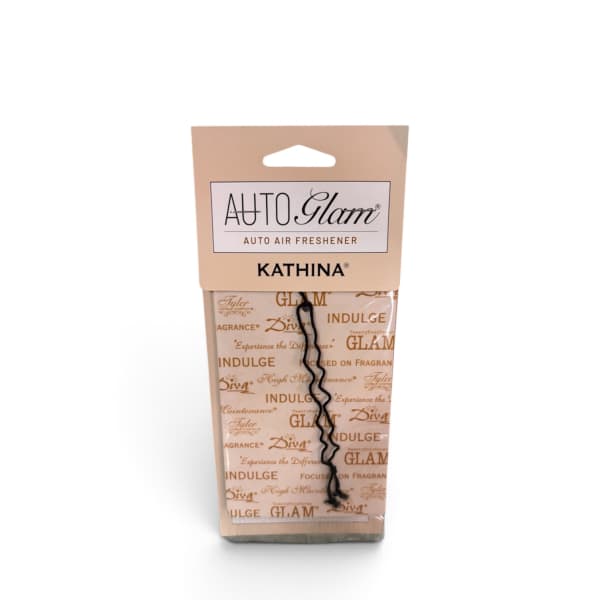 Packaged AutoGlam car air freshener in beige and clear plastic