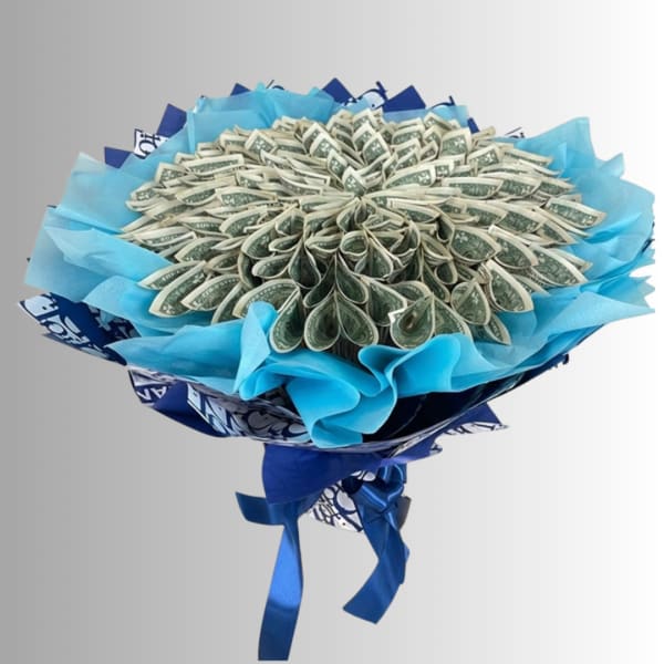 Bouquet made of folded dollar bills wrapped in blue paper and ribbon