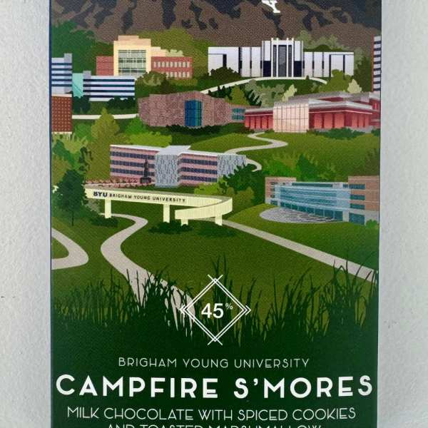 Box of BYU Campfire S'mores artisan chocolate