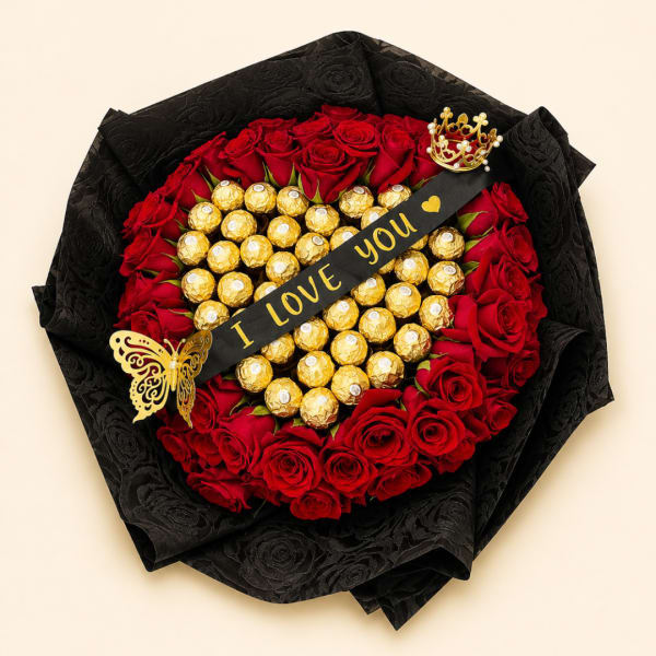 Red rose bouquet with gold-wrapped chocolates and a black ribbon