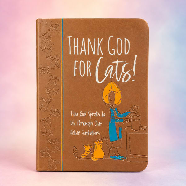 Brown book with the text "Thank God for Cats!" on the cover