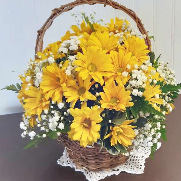 Yellow daisy bouquet in a wicker basket with white filler flowers