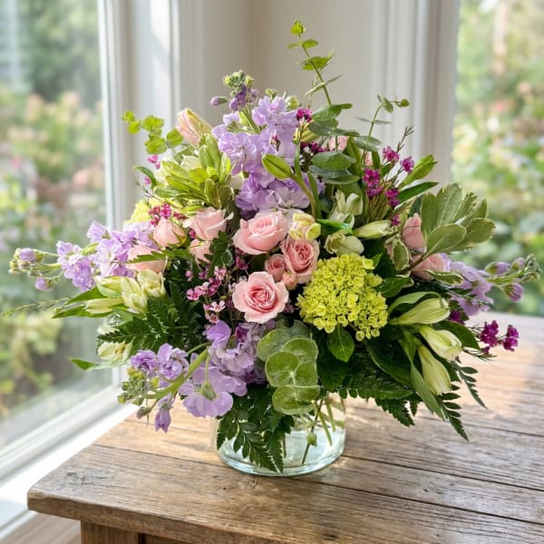Mixed pink and lavender bouquet in a clear glass vase
