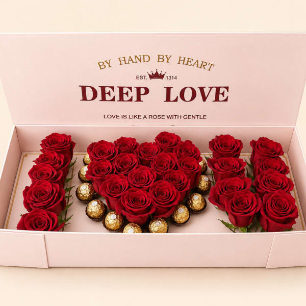 Heart-shaped red rose box with chocolates in a pink gift box