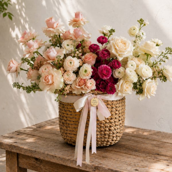 Mixed pink, cream, and white flowers arranged in a woven basket with a ribbon