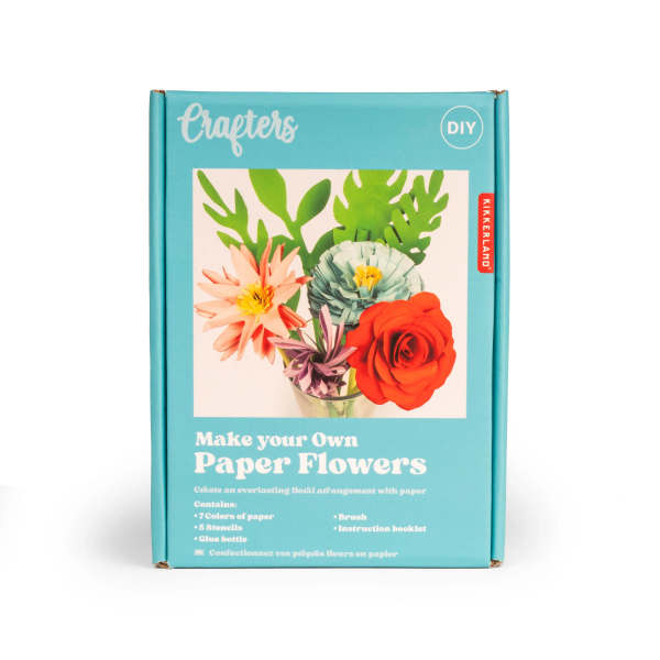 Boxed DIY paper flower craft kit with colorful flower examples