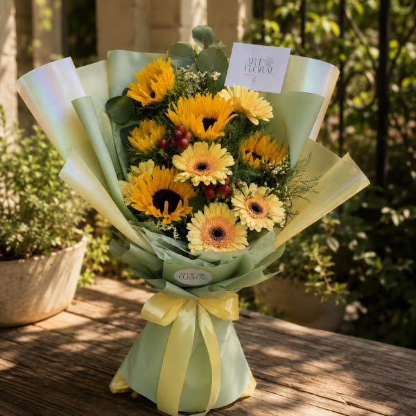 Bouquet of yellow flowers wrapped in pale green paper with a yellow ribbon